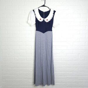 Vintage 60's Cottagecore Navy Blue dress Plaid Skirt Apple Embroidery Detail 7